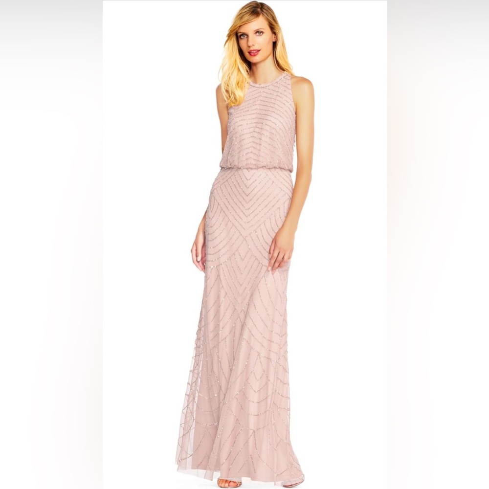 Adrianna Papell Womens Halter Blouson Beaded Gown
